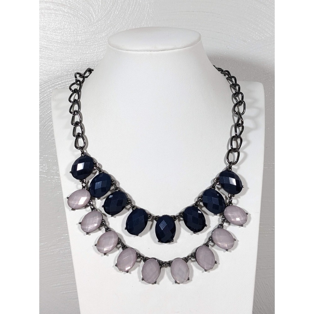 Gunmetal Gray Metallic Blue Pink Oval Acrylic Cabochon Layered Necklace 20 inch